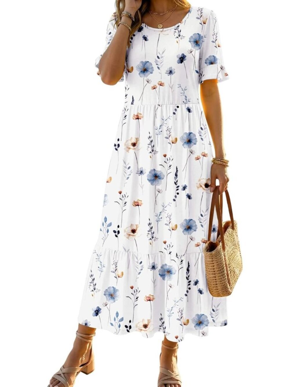 Women's White Floral Midi Dress Crew Neck Ruffle Short Sleeve Tiered Sundress